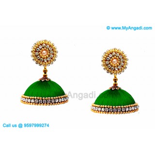 Green Colour Silk Thread Jhumukka Earrings