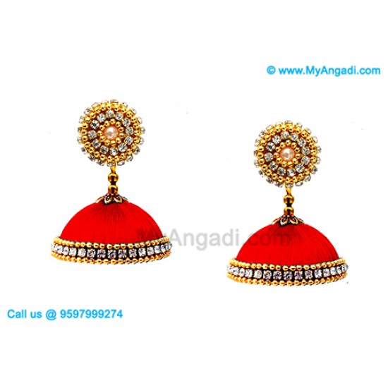 Red Colour Silk Thread Jhumukka Earrings