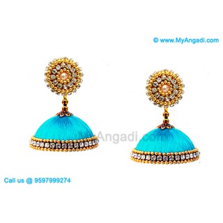 Turquoise Blue Colour Silk Thread Jhumukka Earrings