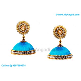 Blue Colour Silk Thread Jhumukka Earrings