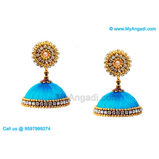 Blue Colour Silk Thread Jhumukka Earrings