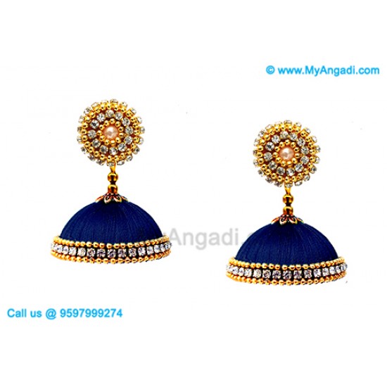 Dark Blue Colour Silk Thread Jhumukka Earrings