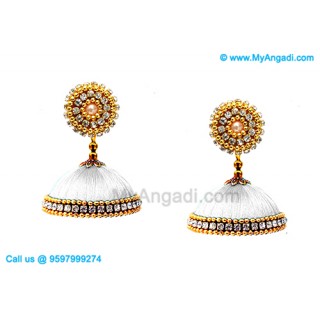 White Colour Silk Thread Jhumukka Earrings