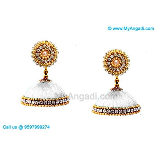 White Colour Silk Thread Jhumukka Earrings