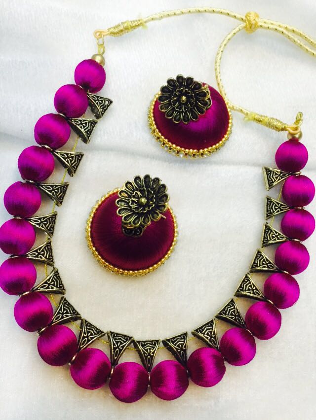 Pink and Golden Lakshmi Silk Thread Necklace and Earrings – Fashionous