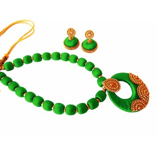 Youth Green Silk Thread Necklace with Grand Pendant and Earrings