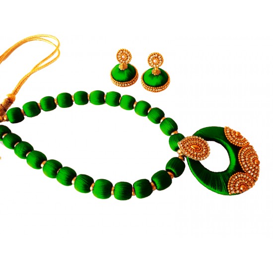 Youth Dark Green Silk Thread Necklace with Grand Pendant and Earrings