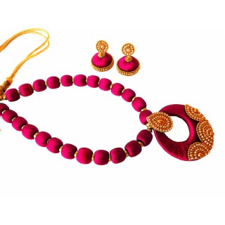 Youth Pink Silk Thread Necklace with Grand Pendant and Earrings