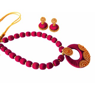 Youth Magenta Silk Thread Necklace with Grand Pendant and Earrings