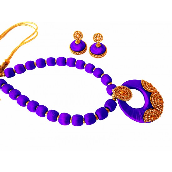 Youth Violet Silk Thread Necklace with Grand Pendant and Earrings