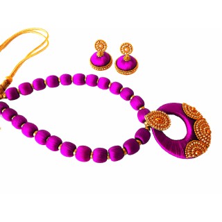 Youth Purple Silk Thread Necklace with Grand Pendant and Earrings