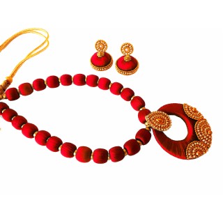 Youth Red Silk Thread Necklace with Grand Pendant and Earrings
