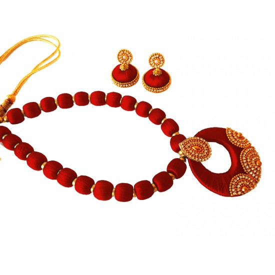 Youth Maroon Silk Thread Necklace with Grand Pendant and Earrings