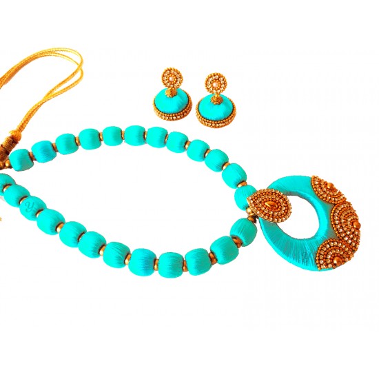 Youth Turquoise Blue Silk Thread Necklace with Grand Pendant and Earrings