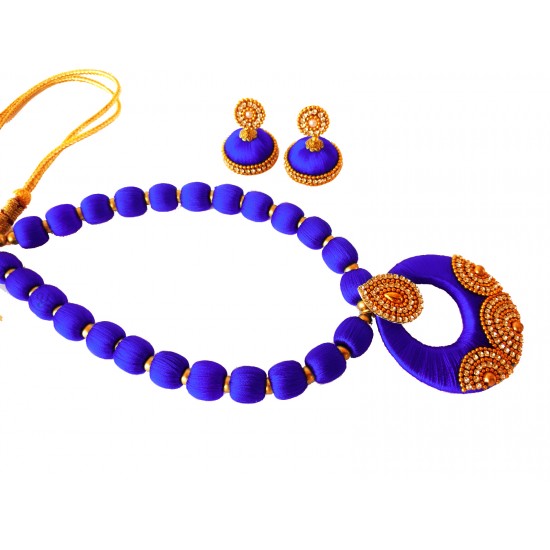 Youth Royal Blue Silk Thread Necklace with Grand Pendant and Earrings