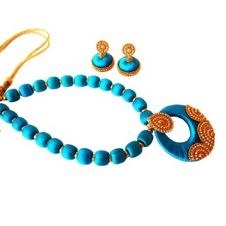 Youth Blue Silk Thread Necklace with Grand Pendant and Earrings
