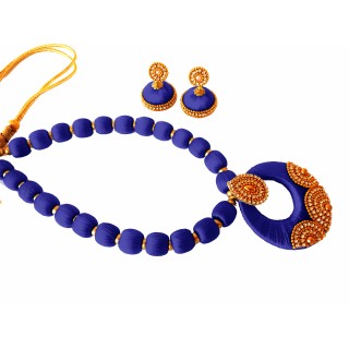 Youth Dark Blue Silk Thread Necklace with Grand Pendant and Earrings
