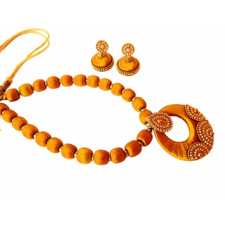 Youth Gold Silk Thread Necklace with Grand Pendant and Earrings