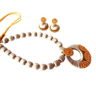 Youth White Silk Thread Necklace with Grand Pendant and Earrings