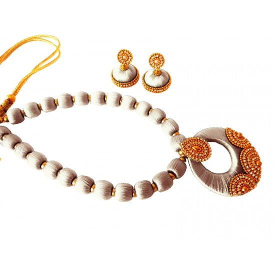 Youth White Silk Thread Necklace with Grand Pendant and Earrings