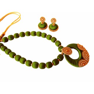 Youth Olive Green Silk Thread Necklace with Grand Pendant and Earrings