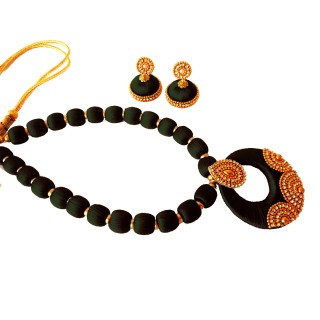 Youth Black Silk Thread Necklace with Grand Pendant and Earrings