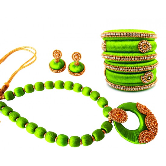 Youth Lime Green Silk Thread Necklace with Grand Pendant, Bangles and Earrings