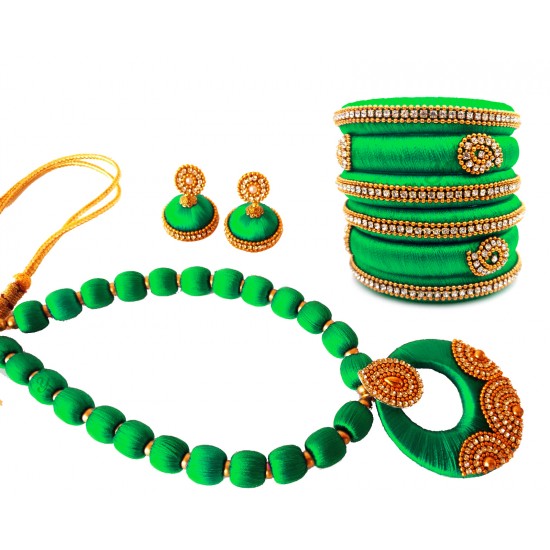 Youth Green Silk Thread Necklace with Grand Pendant, Bangles and Earrings