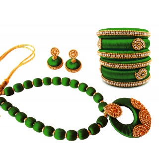 Youth Dark Green Silk Thread Necklace with Grand Pendant, Bangles and Earrings