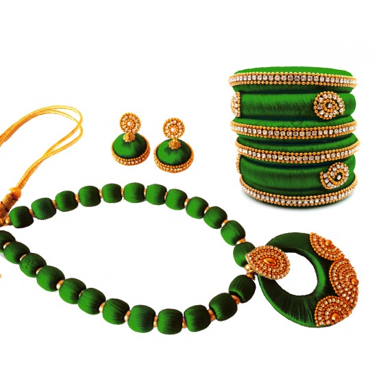 Rubans 22K Gold Plated Kundan Necklace Set With And Green Beads