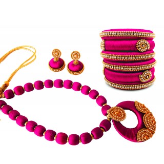 Youth Pink Silk Thread Necklace with Grand Pendant, Bangles and Earrings