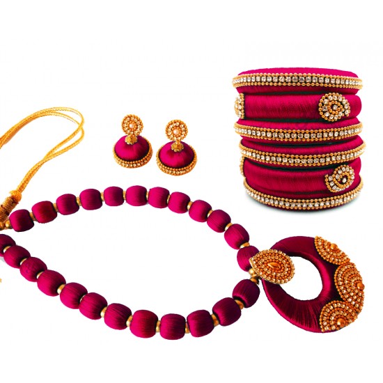 Youth Magenta Silk Thread Necklace with Grand Pendant, Bangles and Earrings