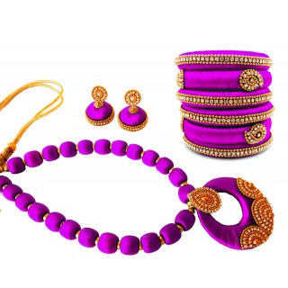 Youth Violet Silk Thread Necklace with Grand Pendant, Bangles and Earrings