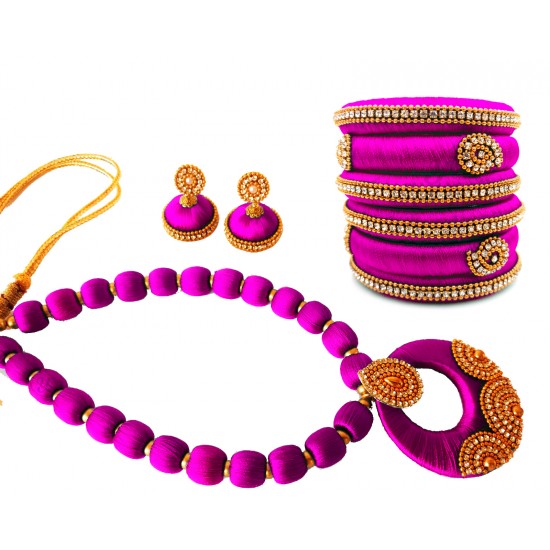 Youth Purple Silk Thread Necklace with Grand Pendant, Bangles and Earrings