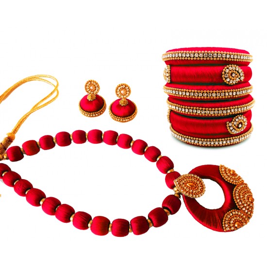 Youth Red Silk Thread Necklace with Grand Pendant, Bangles and Earrings