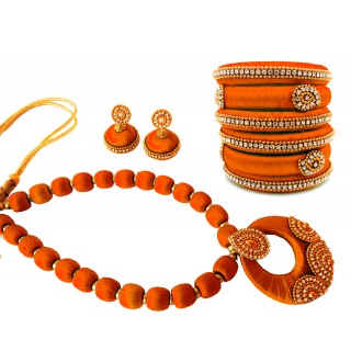 Youth Orange Silk Thread Necklace with Grand Pendant, Bangles and Earrings