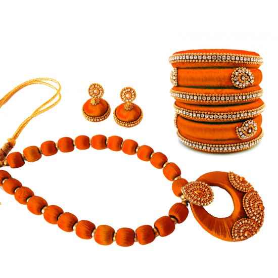 Youth Orange Silk Thread Necklace with Grand Pendant, Bangles and Earrings