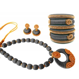 Youth Grey Silk Thread Necklace with Grand Pendant, Bangles and Earrings