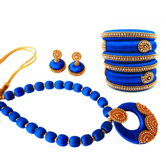 Youth Royal Blue Silk Thread Necklace with Grand Pendant, Bangles and Earrings