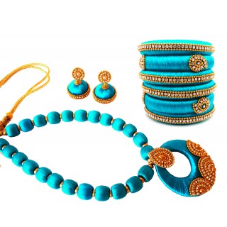 Youth Blue Silk Thread Necklace with Grand Pendant, Bangles and Earrings