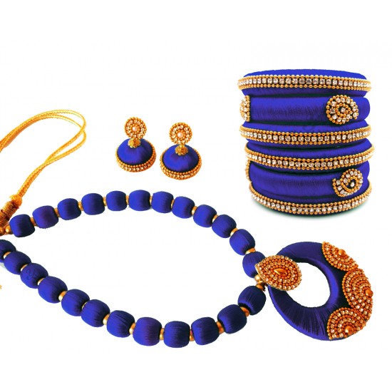 Youth Dark Blue Silk Thread Necklace with Grand Pendant, Bangles and Earrings