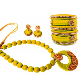 Youth Yellow Silk Thread Necklace with Grand Pendant, Bangles and Earrings