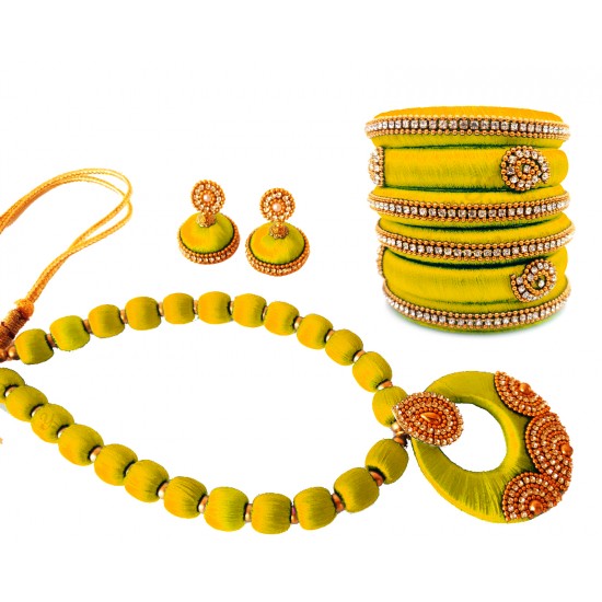 Youth Yellow Silk Thread Necklace with Grand Pendant, Bangles and Earrings