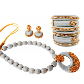 Youth White Silk Thread Necklace with Grand Pendant, Bangles and Earrings