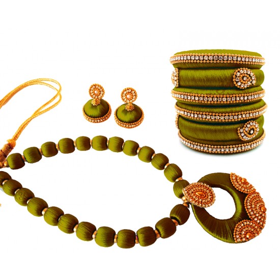 Youth Olive Green Silk Thread Necklace with Grand Pendant, Bangles and Earrings