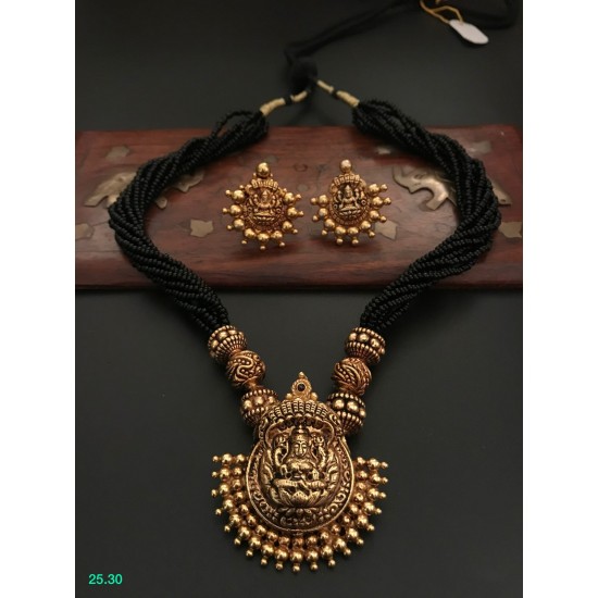 Kanakdharaa - Black Beads with Pure Silver Pendant with Gold Polish