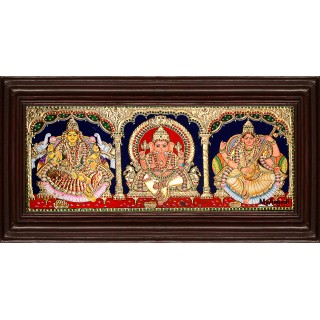 Lakshmi, Ganesha and Saraswathi - 3 Panel Tanjore Painting