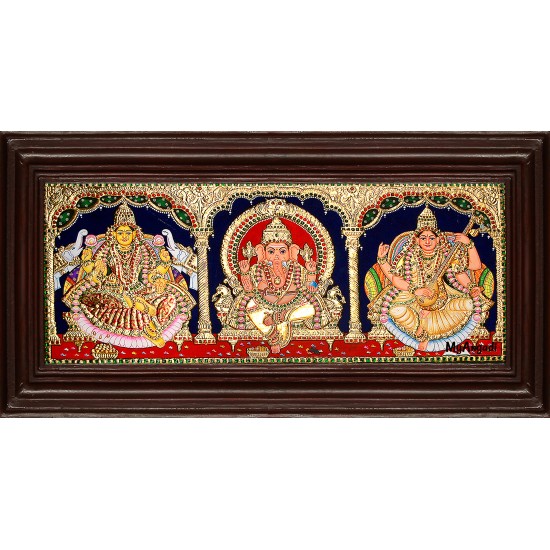 Lakshmi, Ganesha and Saraswathi - 3 Panel Tanjore Painting Lakshmi, Ganesha and Saraswathi - 3 Panel Tanjore Painting