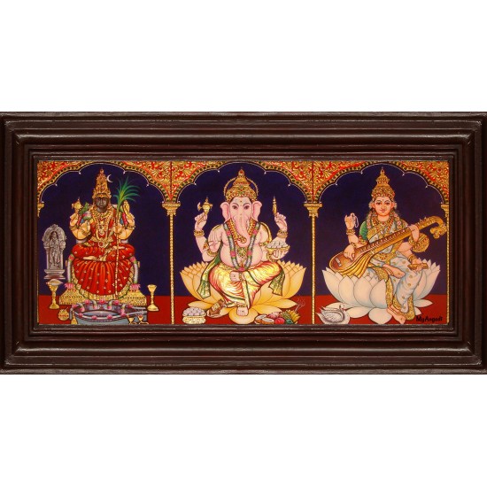 Kamatchi, Saraswathi, Ganesha - 3 Panel Tanjore Painting