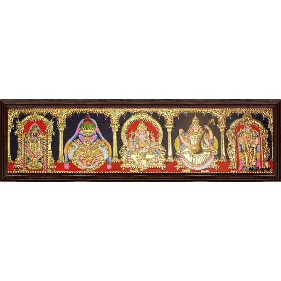 Balaji, Lakshmi, Ganesha, Saraswathi and Murugan - 5 Panel Tanjore Painting